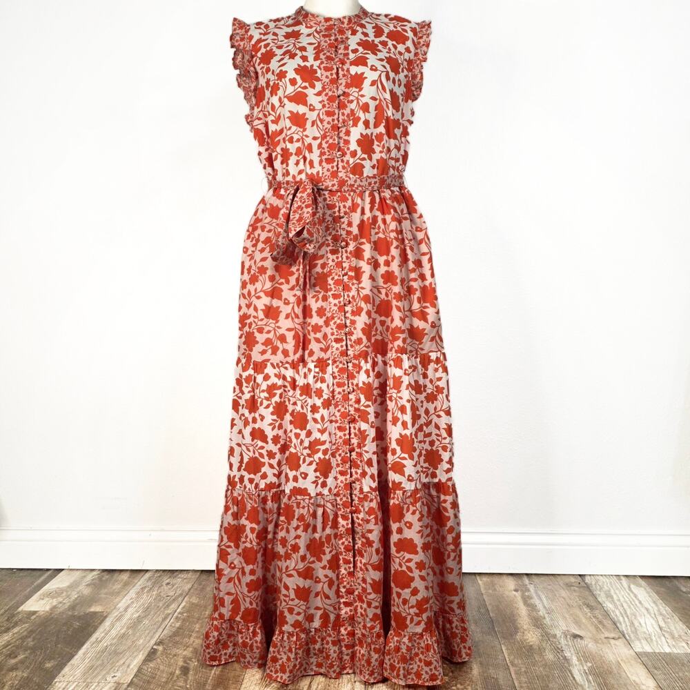 Boden Tiered Ruffle Maxi Dress US 14R Orange Floral Cotton Belted Pockets Button